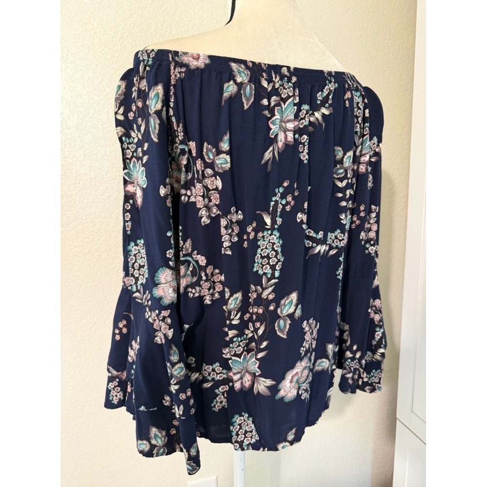 Solitaire Navy Blue Floral Off The Shoulder Bell Sleeve Blouse Top Medium - Picture 4 of 6